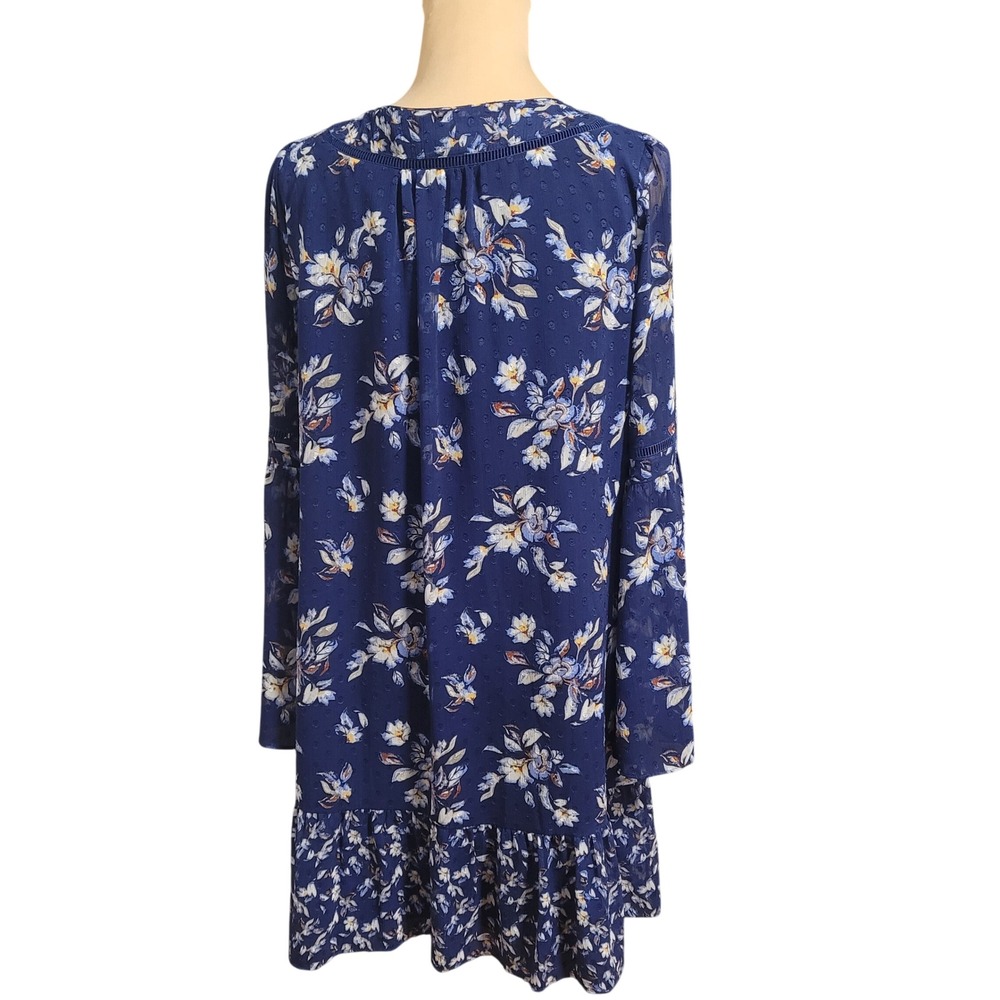 Navy Swiss Dot Floral Boho Romantic Bell Sleeve Shift Dress Tassel Lace WHBM M‎ - Picture 2 of 7